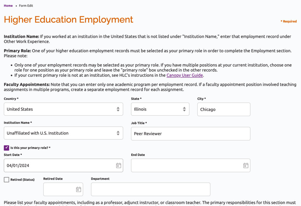 Higher Education Employment form for peer reviewer who is unaffiliated with a U.S. institution