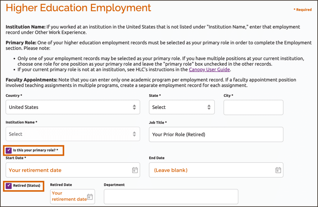 New higher education employment record edit screenfor peer reviewer who is retired with no other employment in higher ed