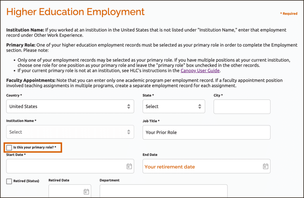 Employment record edit screen for prior role