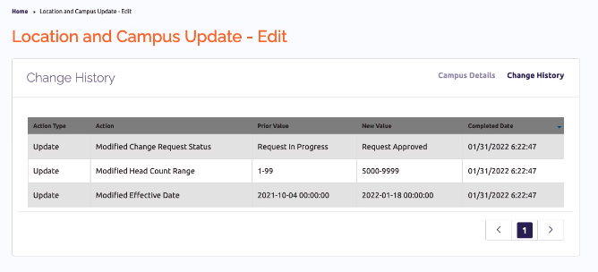 Campus Change History tab