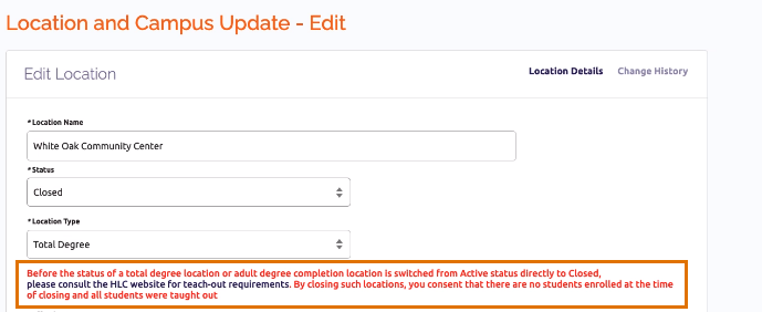 Notification about teach-out requirements when closing a total degree location