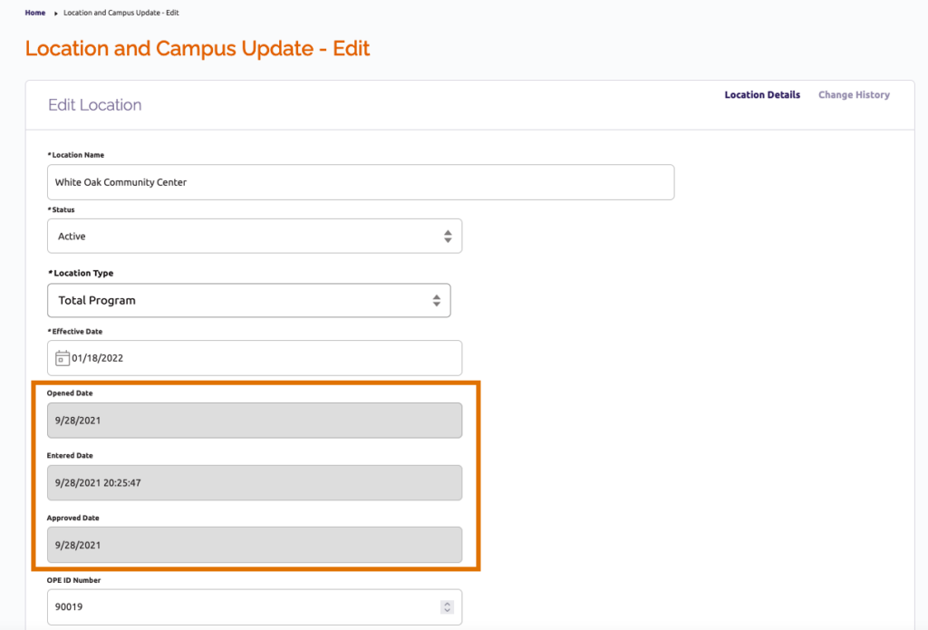 Edit location page with grayed out fields for opened date, entered date and approved date 