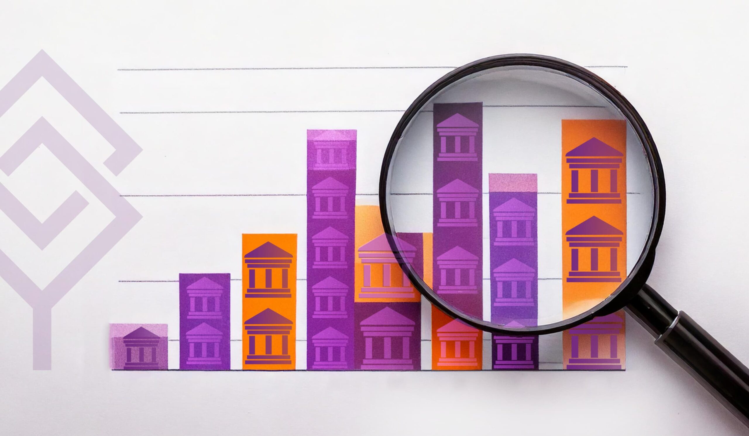 A magnifying glass over a bar graph with institution icons in it