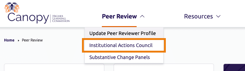 Institutional Actions Council link in main menu