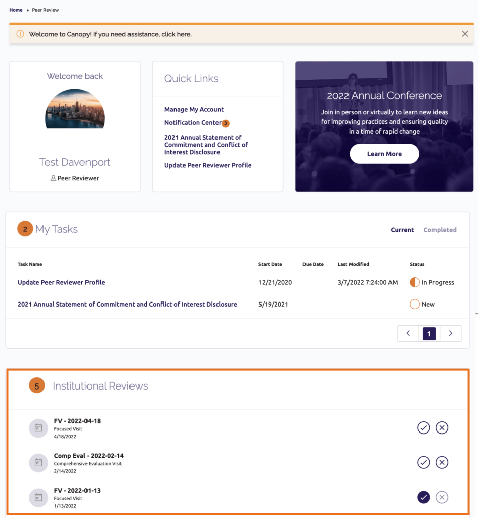 Institutional Reviews section on Peer Review Dashboard